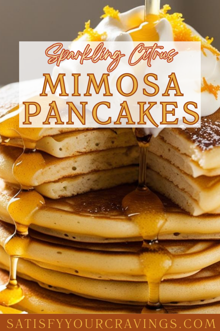 Close-up of Mimosa Pancakes with syrup drizzling down and whipped cream on top. Text overlay reads “Sparkling Citrus Mimosa Pancakes.”