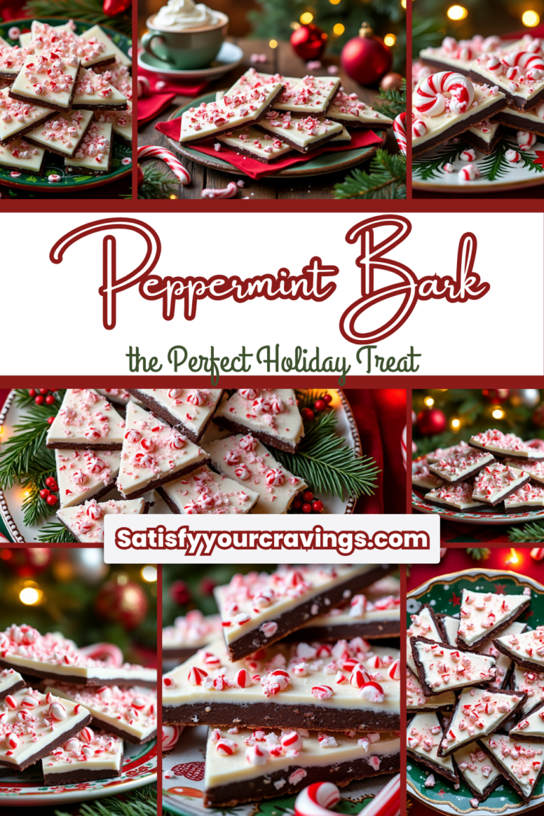 A Pinterest collage featuring images of peppermint bark with holiday decorations and festive captions.