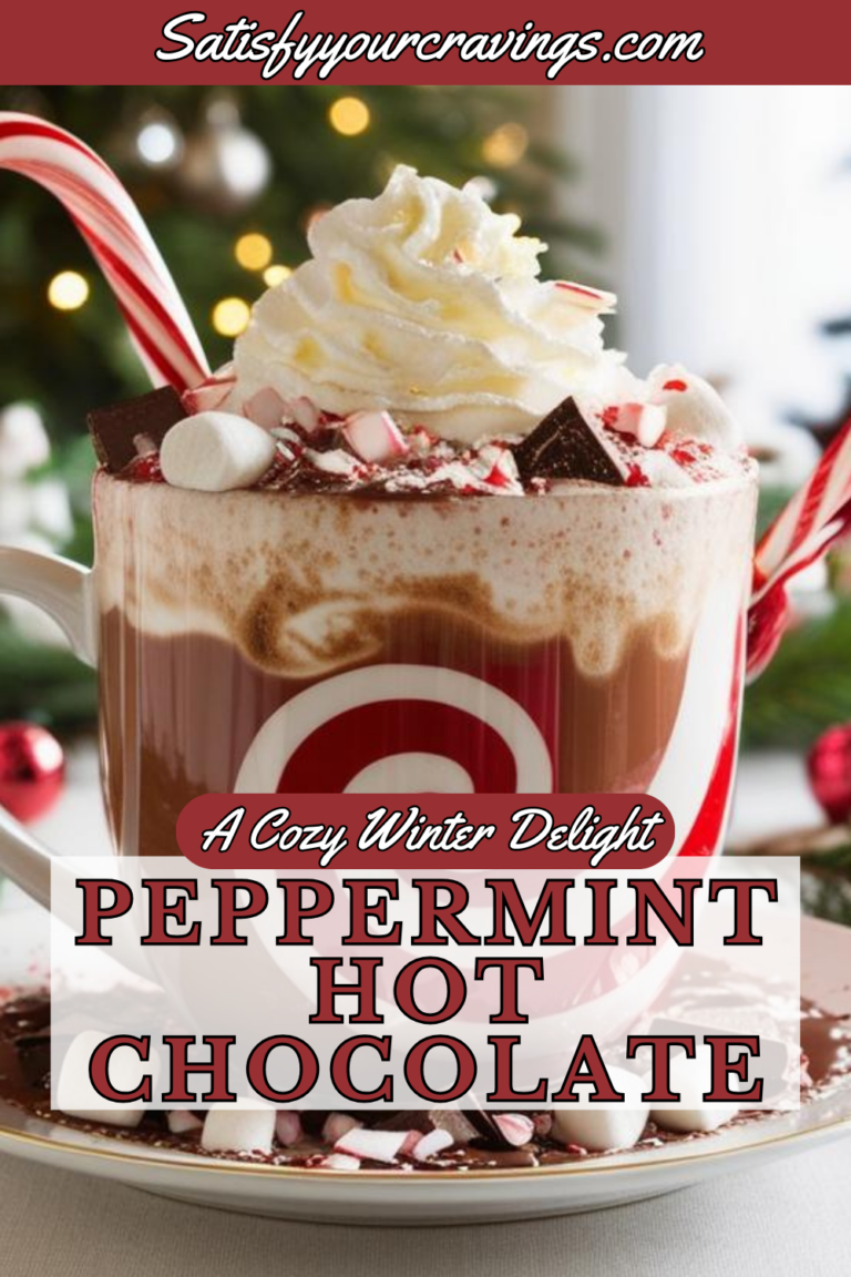 Pinterest graphic of peppermint hot chocolate with whipped cream and candy cane garnishes, featuring text overlay for easy sharing.