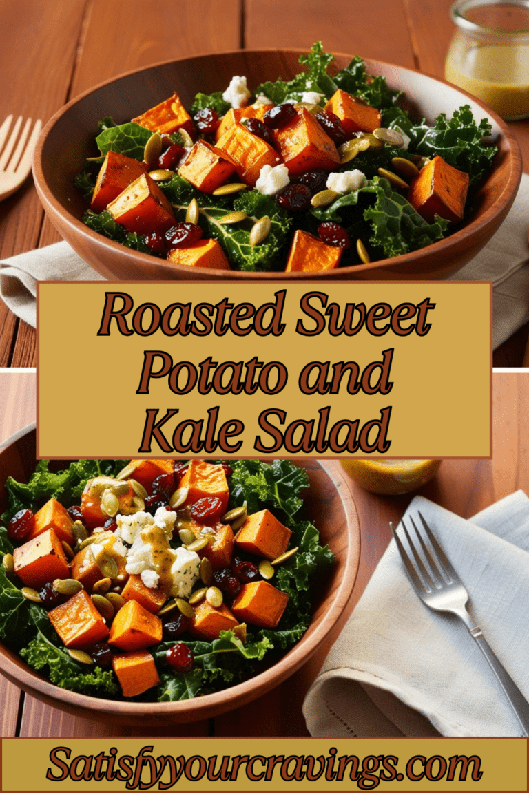 Pinterest graphic featuring roasted sweet potato and kale salad with the text "Roasted Sweet Potato and Kale Salad" and "SatisfyYourCravings.com".