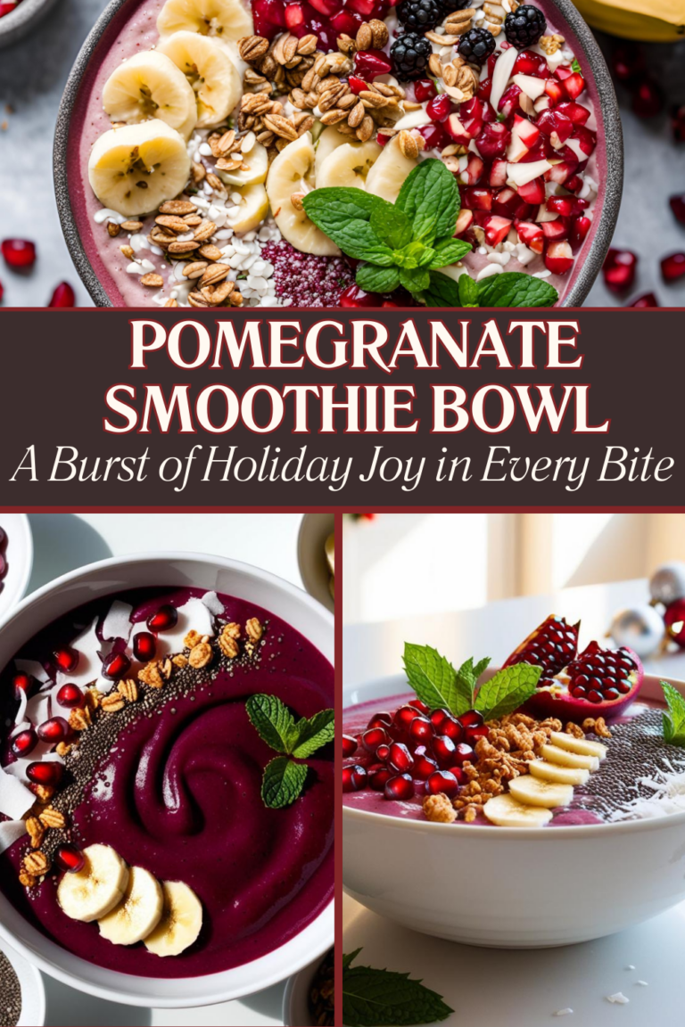 A collage featuring vibrant pomegranate smoothie bowls with festive garnishes and holiday decor.