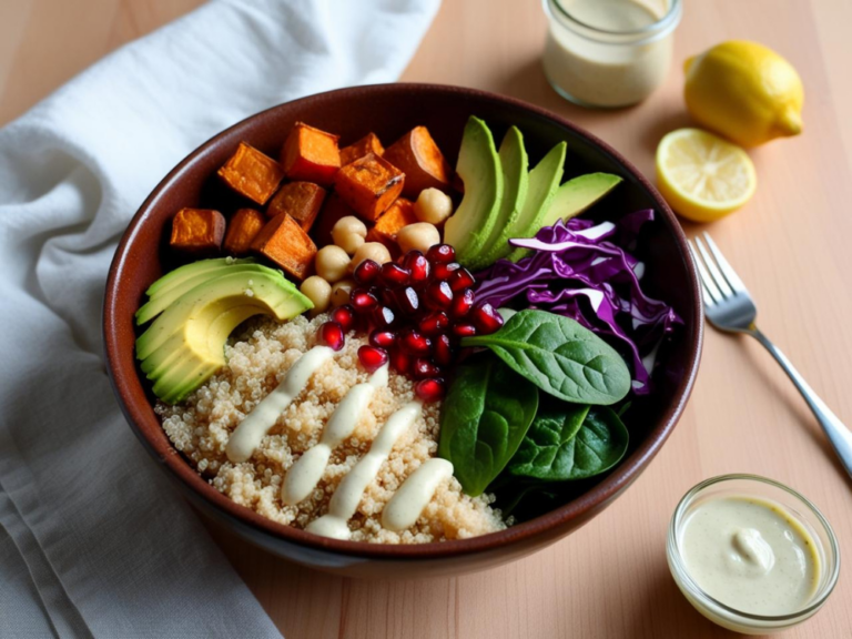 Close-up of a quinoa Buddha bowl with roasted sweet potatoes, avocado, chickpeas, spinach, red cabbage, and pomegranate seeds, drizzled with tahini dressing.