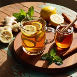 A rustic display of Ginger Lemon Detox Tea with lemon slices, ginger root, honey, and cinnamon sticks.