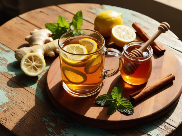 A rustic display of Ginger Lemon Detox Tea with lemon slices, ginger root, honey, and cinnamon sticks.