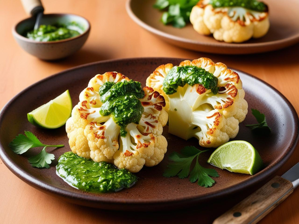 Roasted cauliflower steaks with chimichurri served on a rustic brown plate, garnished with fresh lime and parsley.