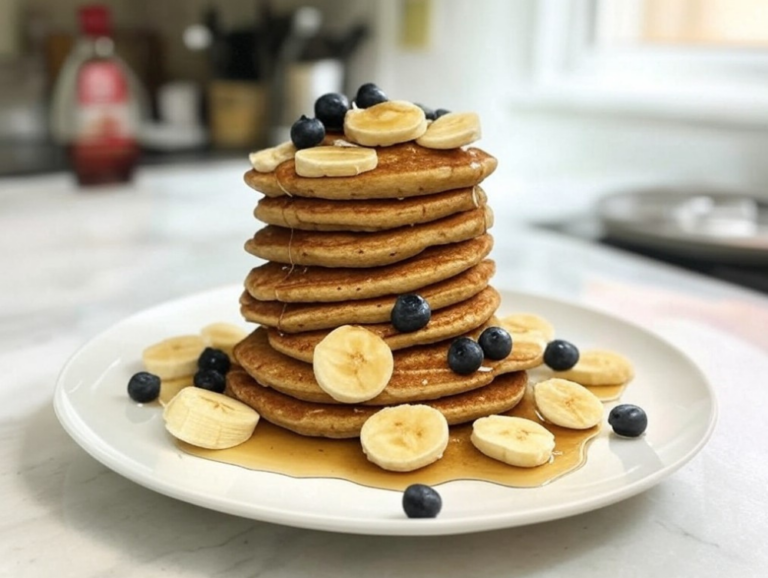 A tall stack of golden-brown banana oatmeal pancakes topped with banana slices, blueberries, and drizzled maple syrup on a white plate.