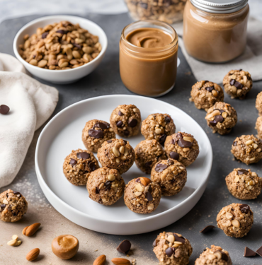 A plate of vegan peanut butter chocolate energy bites surrounded by jars of peanut butter, bowls of nuts, and chocolate chips on a gray countertop.