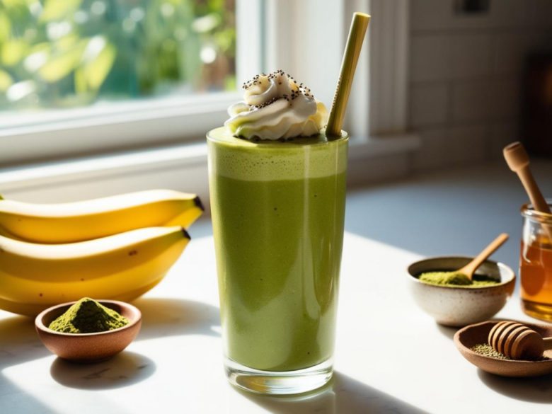 A vibrant Matcha Green Tea Smoothie served in a tall glass, topped with whipped cream and chia seeds, with bananas and matcha powder in the background.