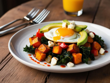 A vibrant plate of Sweet Potato and Kale Breakfast Hash topped with a sunny-side-up egg, avocado slices, and crumbled feta, with a glass of orange juice in the background.