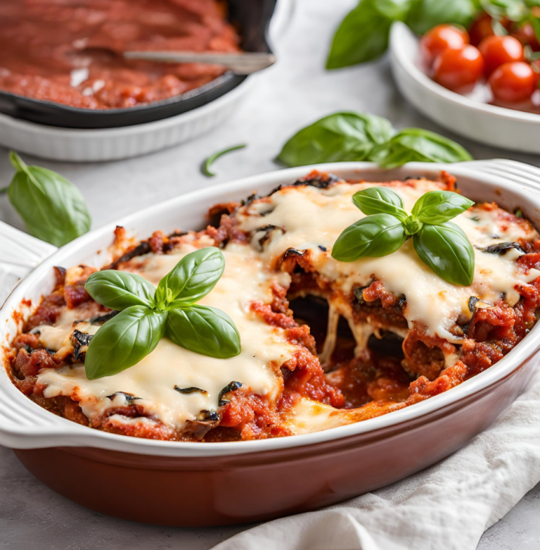 A freshly baked Eggplant Parmesan in a white casserole dish, garnished with vibrant green basil leaves.