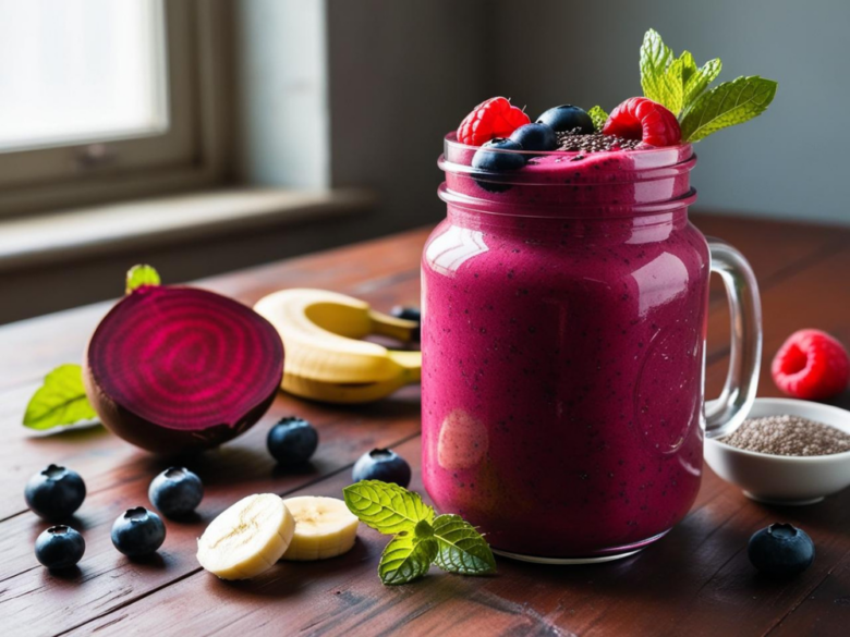 Berry Beetroot Smoothie in a Mason Jar with Fresh Ingredients