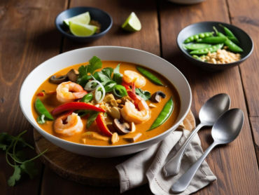 A bowl of Thai Coconut Curry Soup with shrimp, snap peas, and red bell peppers, garnished with cilantro and served with lime wedges on a rustic wooden table.
