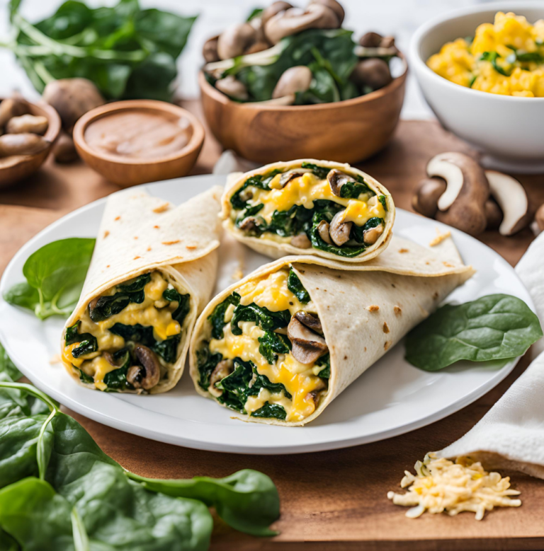 A plate of breakfast wraps filled with spinach, mushrooms, and scrambled eggs, surrounded by fresh ingredients.