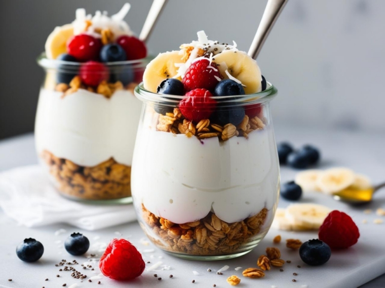 Two jars of coconut yogurt parfait with layers of granola, fresh berries, banana slices, and a sprinkle of shredded coconut on a clean white background.