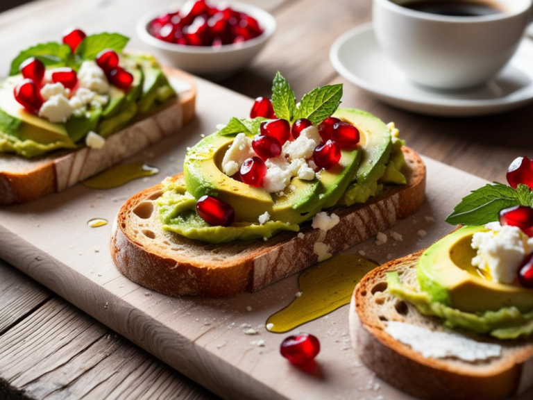 Three slices of avocado toast on a wooden serving board, each topped with fresh avocado, pomegranate seeds, feta cheese, and mint leaves, drizzled with olive oil. A cup of coffee and a bowl of pomegranate seeds sit in the background.
