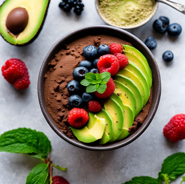 A bowl of creamy no-bake chocolate avocado mousse garnished with fresh berries, mint leaves, and avocado slices, surrounded by ingredients.