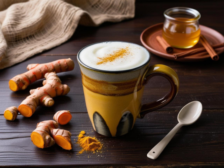 Fresh turmeric latte with frothy top, turmeric roots, and honey jar on a rustic table.