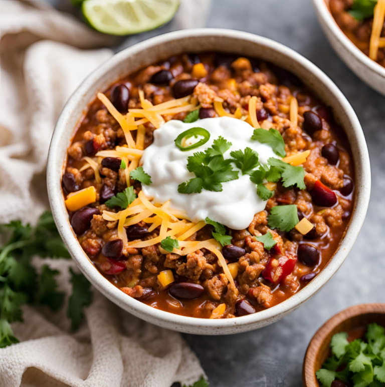 A bowl of slow cooker turkey chili garnished with sour cream, shredded cheese, and cilantro.