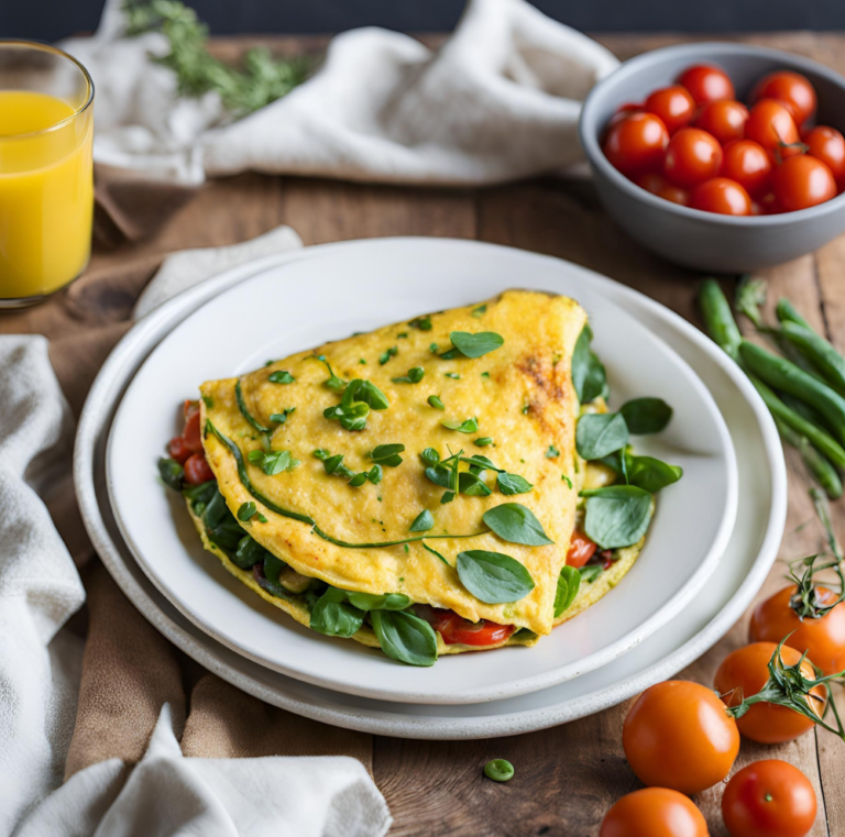 A golden vegetable omelette on a white plate, garnished with fresh herbs, surrounded by cherry tomatoes and a glass of orange juice.