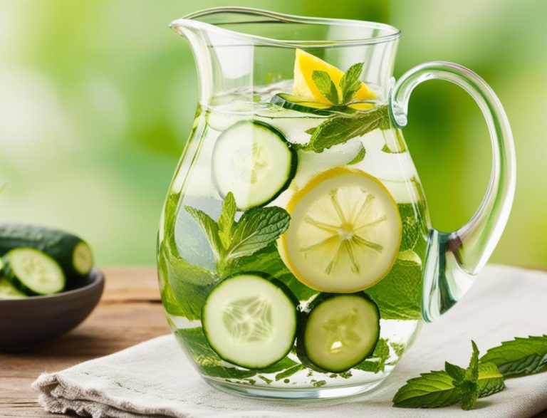 Glass pitcher of cucumber mint water with lemon slices and fresh mint on a wooden table.