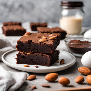 Stack of two fudgy almond flour brownies on a plate, surrounded by almonds, eggs, and cocoa powder in a bright kitchen.