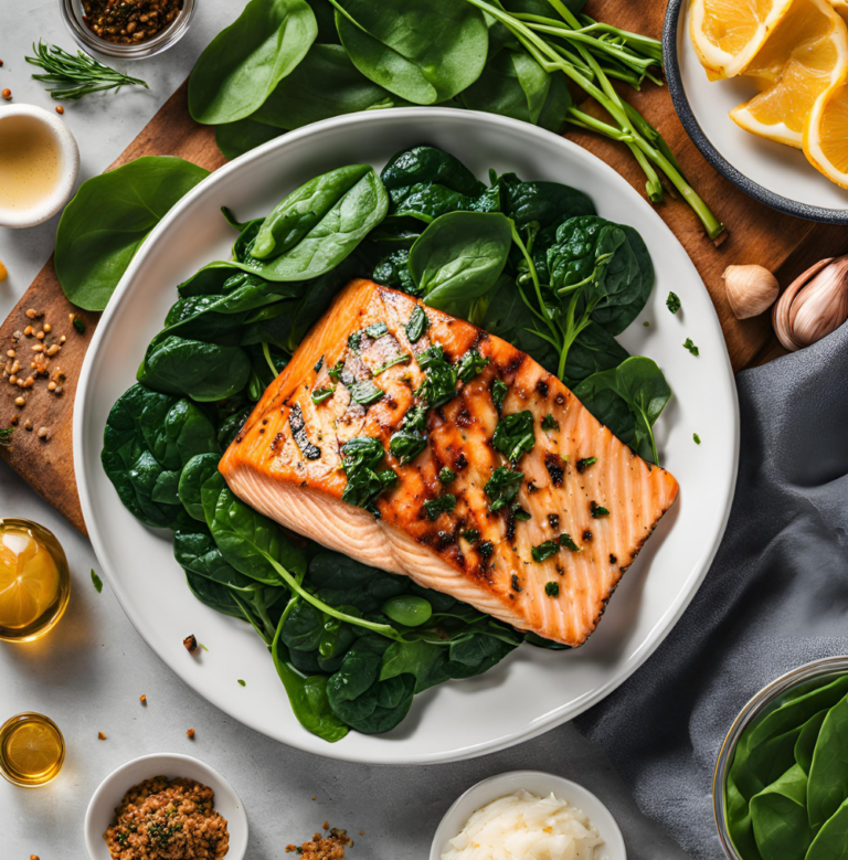 Grilled salmon fillet served on a bed of fresh spinach leaves, garnished with herbs.