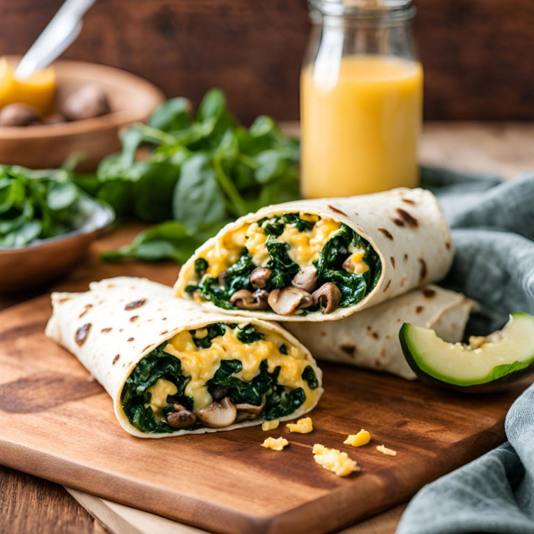 Spinach and mushroom breakfast wraps on a wooden surface with fresh juice and zucchini slices.