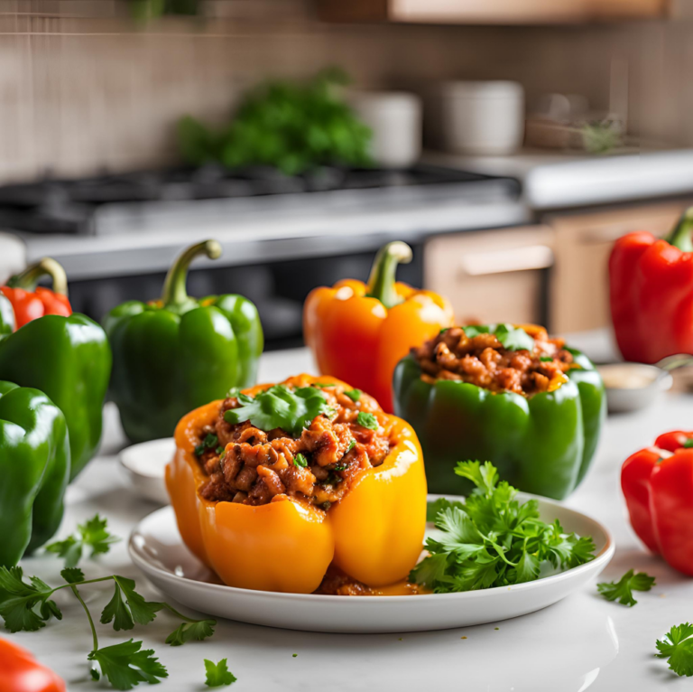 Stuffed yellow and red bell peppers with turkey filling on a wooden board surrounded by fresh ingredients.