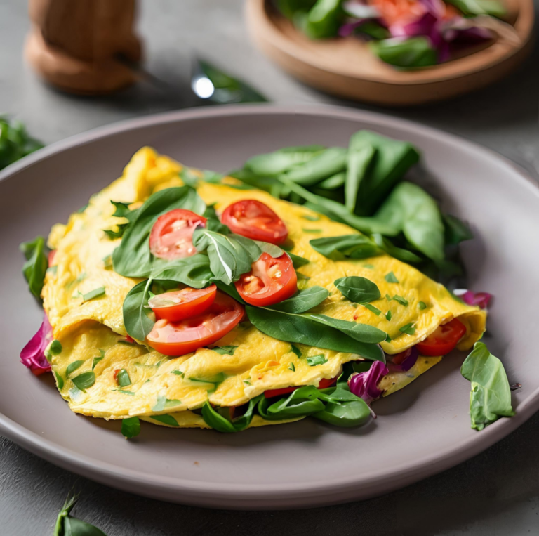 A folded omelette on a gray plate, topped with cherry tomatoes and basil, surrounded by fresh greens.