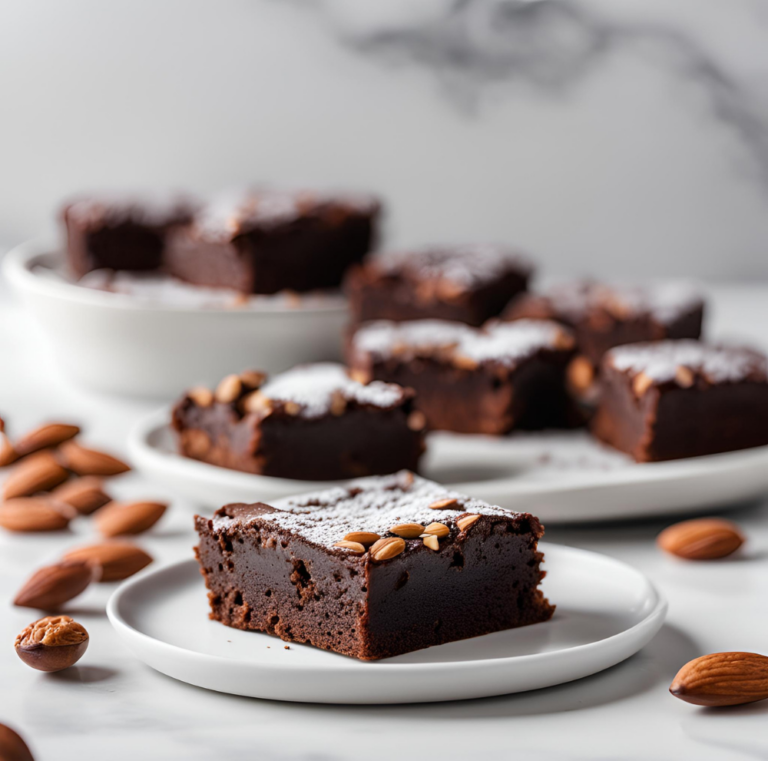 Almond flour brownie dusted with powdered sugar on a white plate, with more brownies blurred in the background.