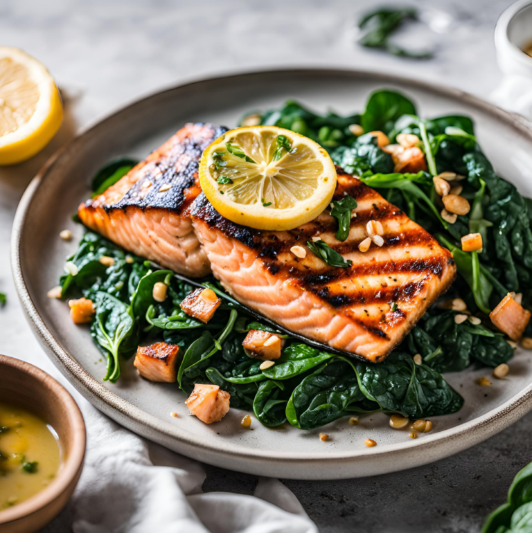 Grilled salmon on sautéed spinach, garnished with toasted pine nuts and a lemon slice.