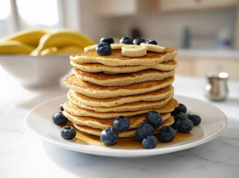 A stack of banana oatmeal pancakes topped with fresh blueberries and banana slices, served with a drizzle of syrup.