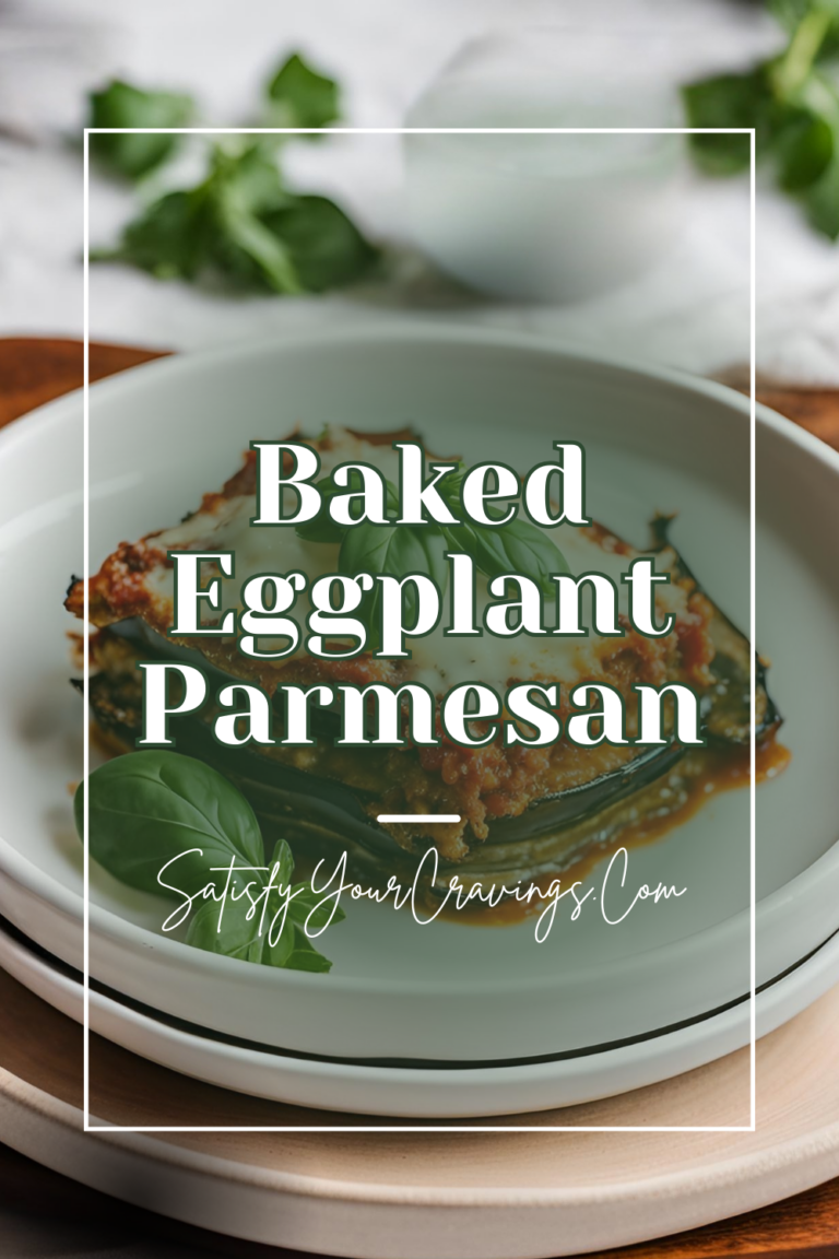 A graphic of a single serving of Eggplant Parmesan with the text "Baked Eggplant Parmesan" overlaid.