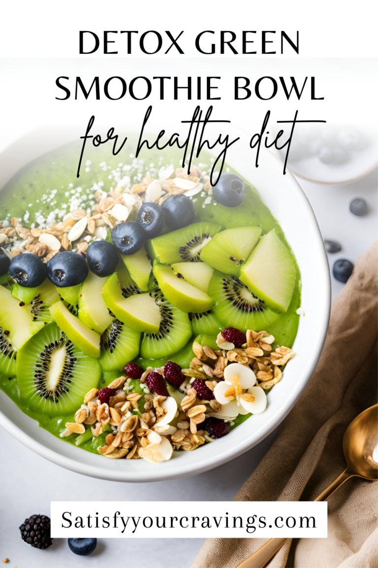 A green smoothie bowl topped with kiwi, blueberries, and granola, styled with gold cutlery and a clean white background.