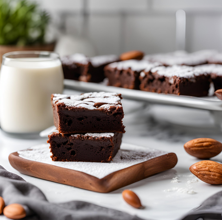 Two almond flour brownies stacked on a wooden board, dusted with powdered sugar and styled with a glass of milk in the background.