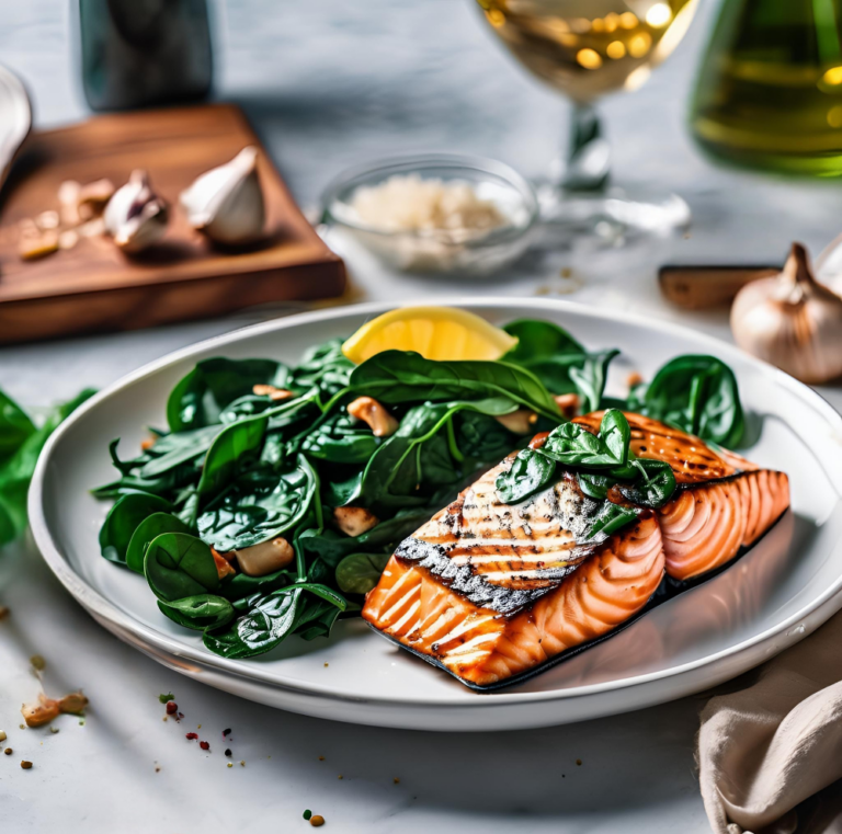 Grilled salmon fillet paired with spinach and roasted garlic, served with a glass of white wine.