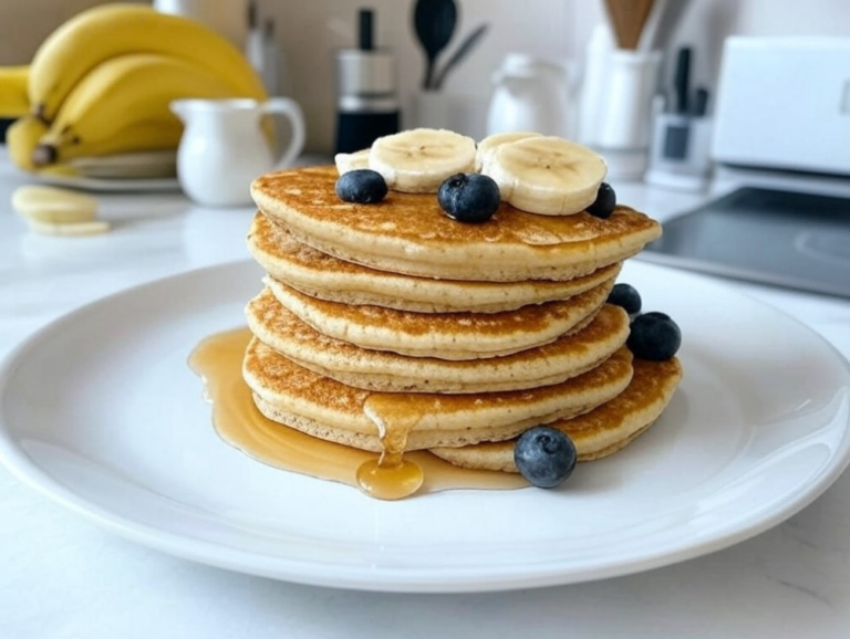 A tall stack of banana oatmeal pancakes topped with banana slices, blueberries, and syrup, surrounded by bananas in the background.