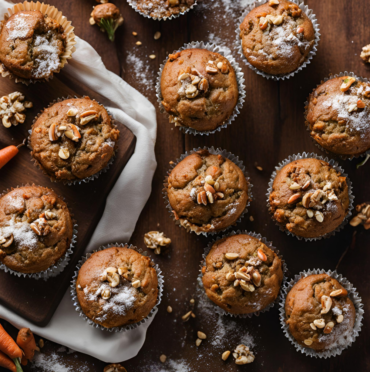 Overhead shot of healthy carrot cake muffins topped with powdered sugar and garnished with nuts.