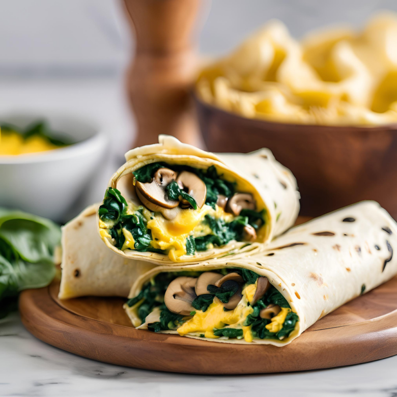 Spinach and mushroom breakfast wraps served on a wooden board, showcasing vibrant colors and fresh ingredients.