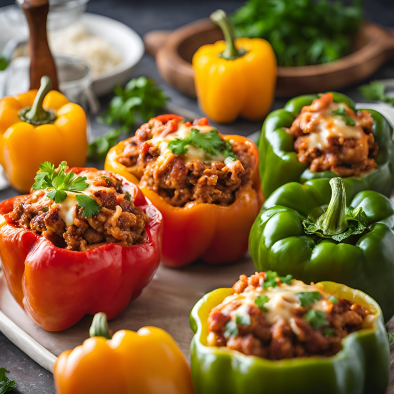 Stuffed green, red, and yellow bell peppers with turkey filling on a plate in a modern kitchen setting.