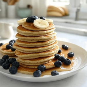 A stack of banana oatmeal pancakes on a white plate, topped with syrup, blueberries, and banana slices in a cozy kitchen.