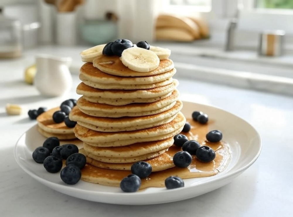 A stack of banana oatmeal pancakes on a white plate, topped with syrup, blueberries, and banana slices in a cozy kitchen.