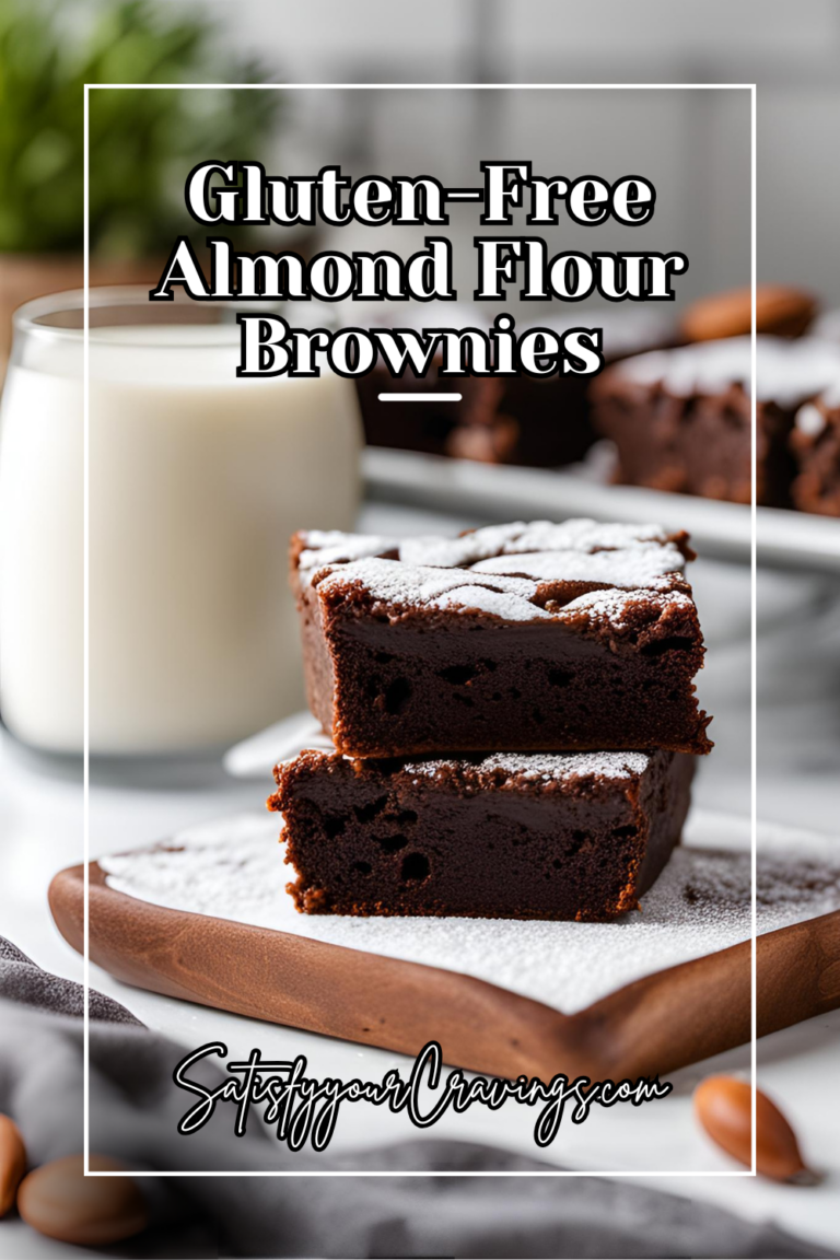 Pinterest graphic with the text "Gluten-Free Almond Flour Brownies" over an image of powdered sugar-dusted brownies and a glass of milk.