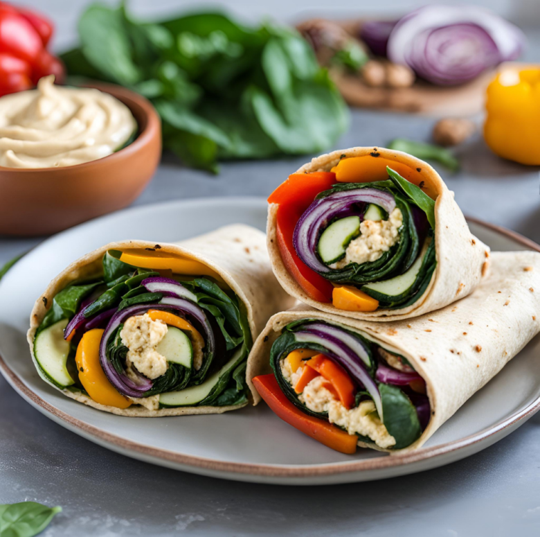 Three veggie wraps filled with spinach, zucchini, bell peppers, and hummus, arranged on a plate with fresh ingredients nearby.