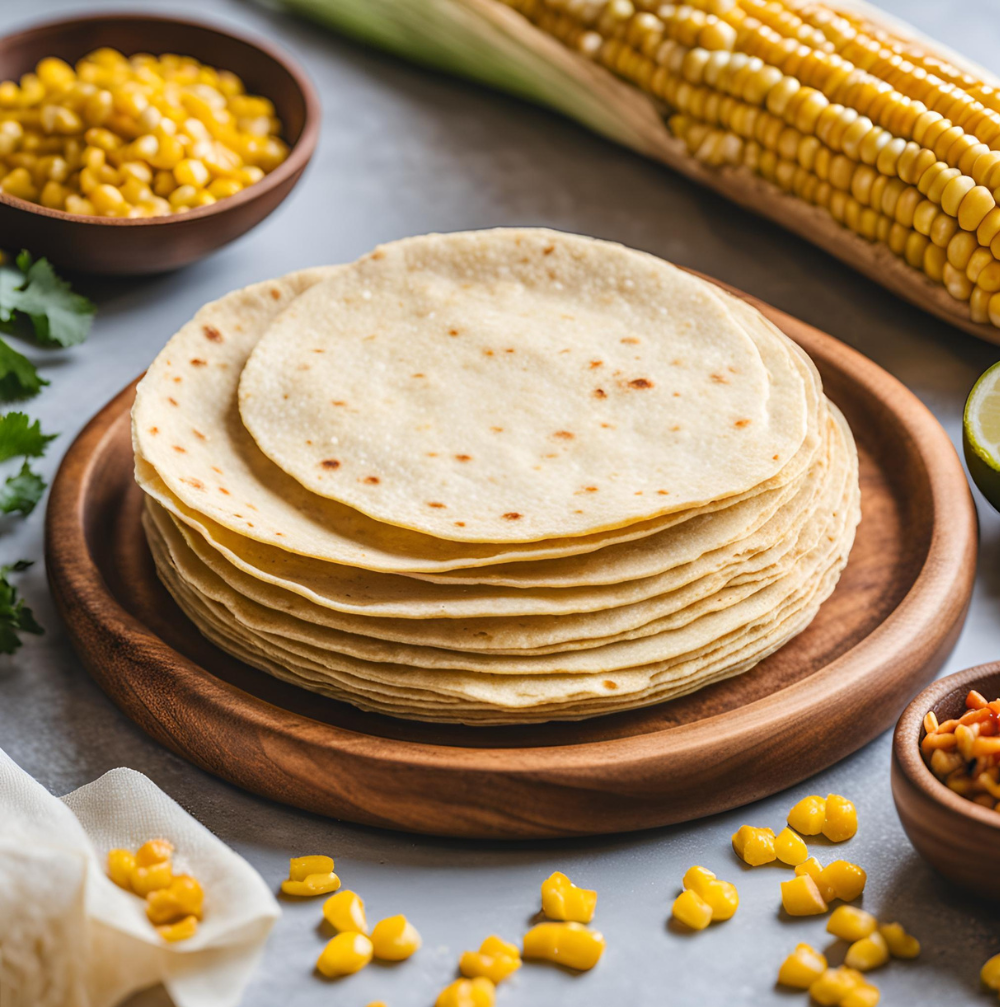 A stack of fresh corn tortillas on a wooden plate, surrounded by ingredients like corn kernels and lime wedges.