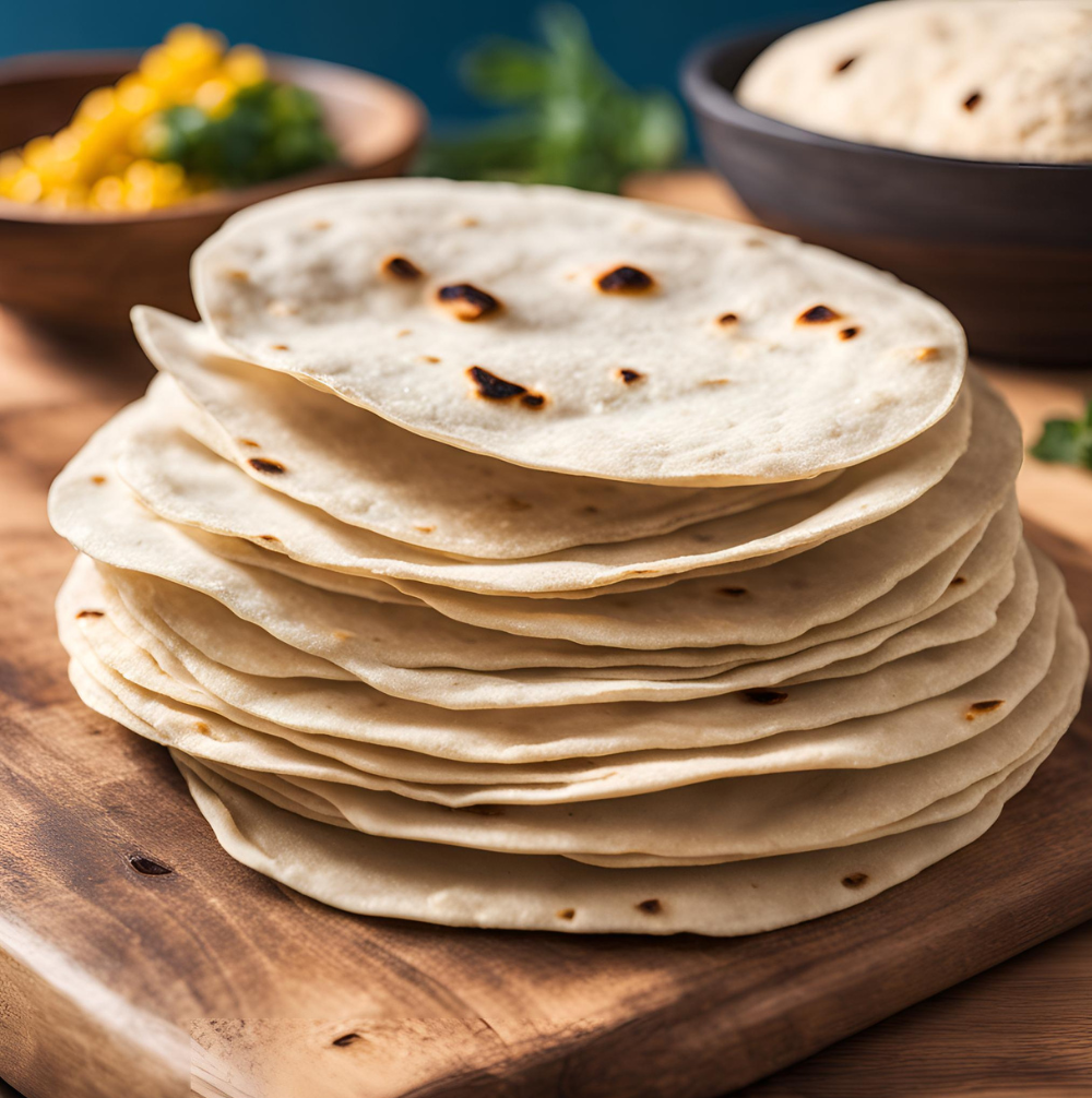 A stack of golden-brown flour tortillas on a wooden cutting board with fresh cilantro and corn in the background.