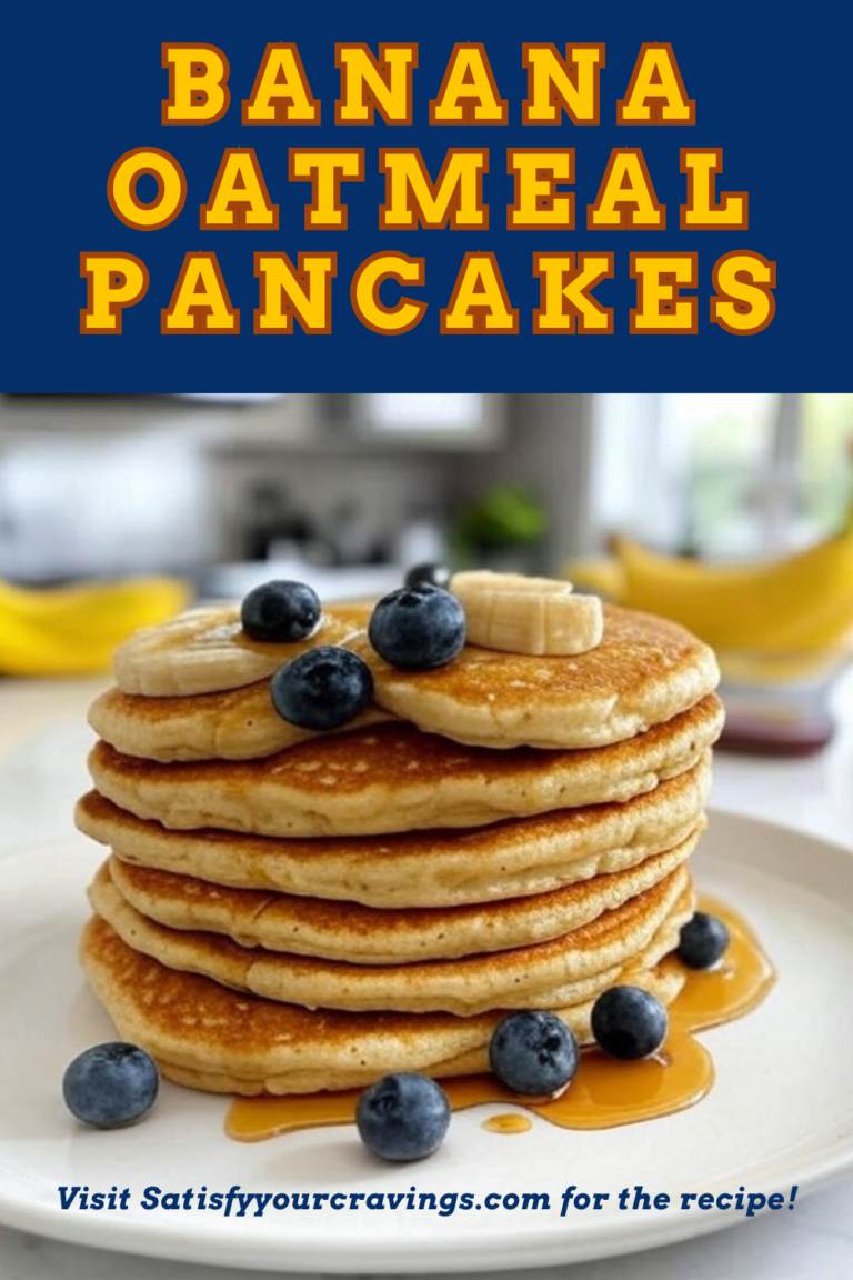 A Pinterest image featuring banana oatmeal pancakes topped with fresh blueberries and banana slices, with a bright kitchen in the background.