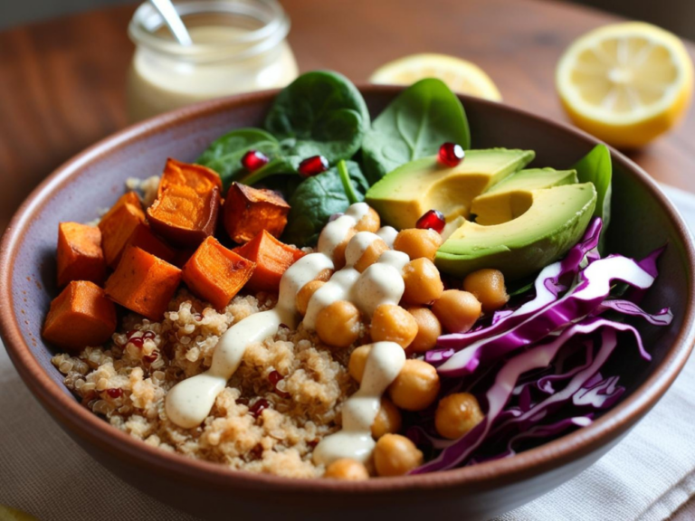 Side view of a quinoa Buddha bowl highlighting roasted sweet potatoes, red cabbage, avocado, and creamy tahini dressing.