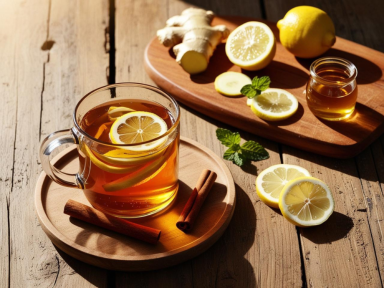 Ginger Lemon Detox Tea served in a clear glass mug on a rustic wooden table surrounded by lemon slices and ginger.