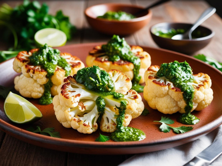 A plate of roasted cauliflower steaks with chimichurri, surrounded by fresh herbs and lime wedges.